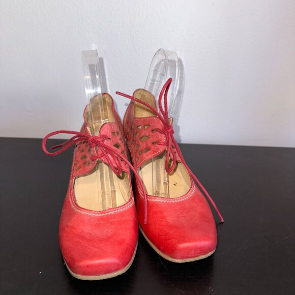 Fidji Red Leather Lace Up Heels Laser Cut Geometric Cutout Retro Art to Wear 37 - Picture 7 of 7